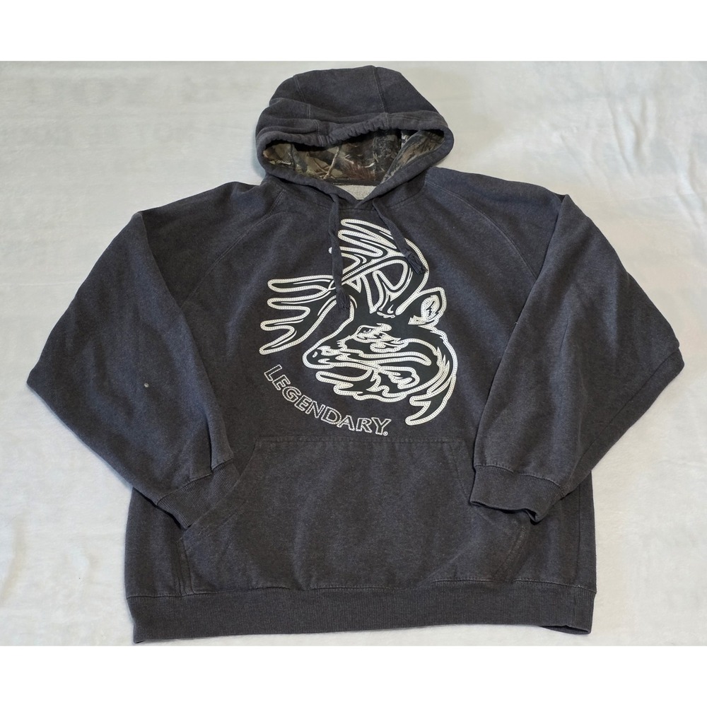 Legendary Whitetails Mens XL Gray Buck Graphic Camo Hood Pullover Sweatshirt